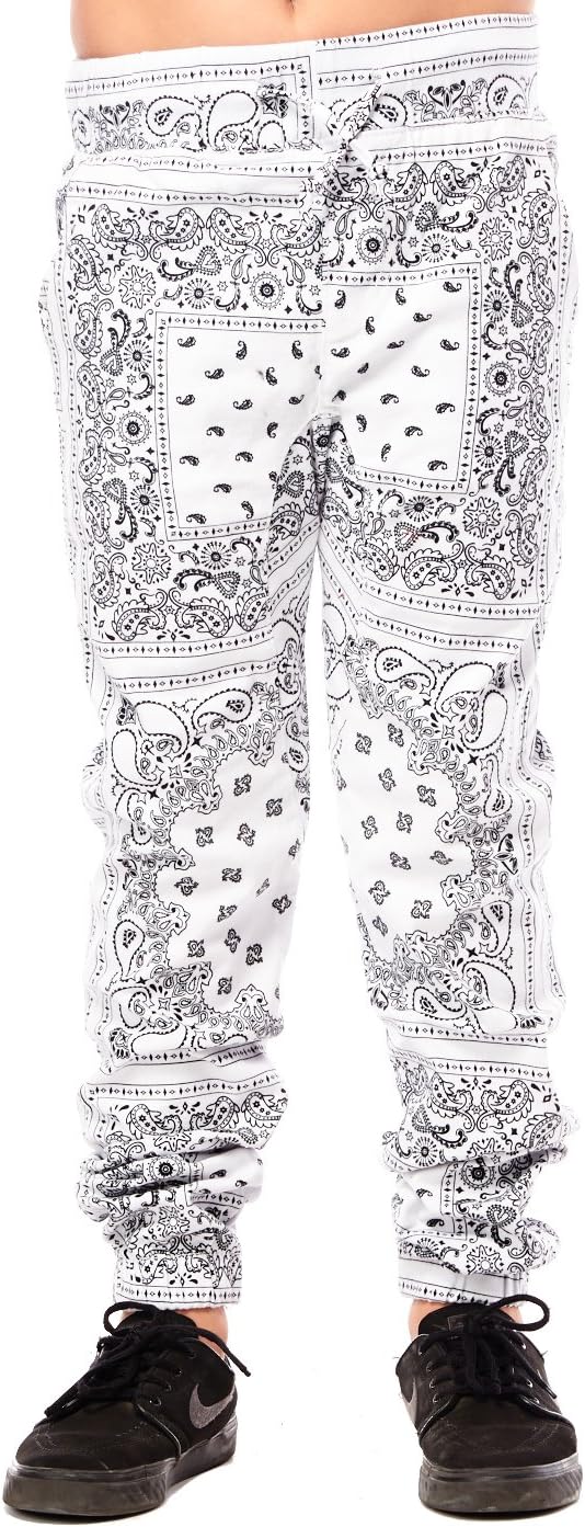 Boys Kids Childrens Bandana Sublimation Slim Joggers Pants BBP011 (10, White)