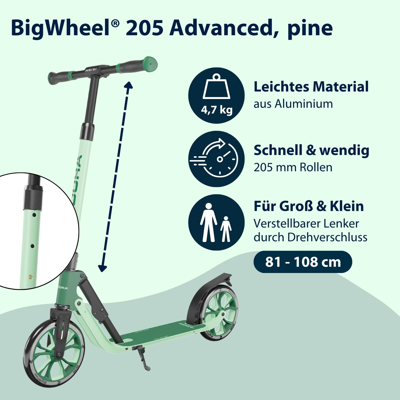 HUDORA BigWheel® 205 Advanced Scooter - Komfortabler Aluminium-Roller für bis zu 100kg - Höhenverstellbarer & zusammenklappbarer Tretroller - Kick-Scooter für Kinder/Jugendliche & Erwachsene