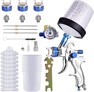 HVLP Spray Gun, Paint Sprayer with 10pcs 600ML Disposable Cups&Pressure Gauge, Car Spray Gun Kit with 3 Nozzles 1.4/1.7/2mm&Nozzle Paint Mixing Quick Cup for Car Furniture Painting (Blue)