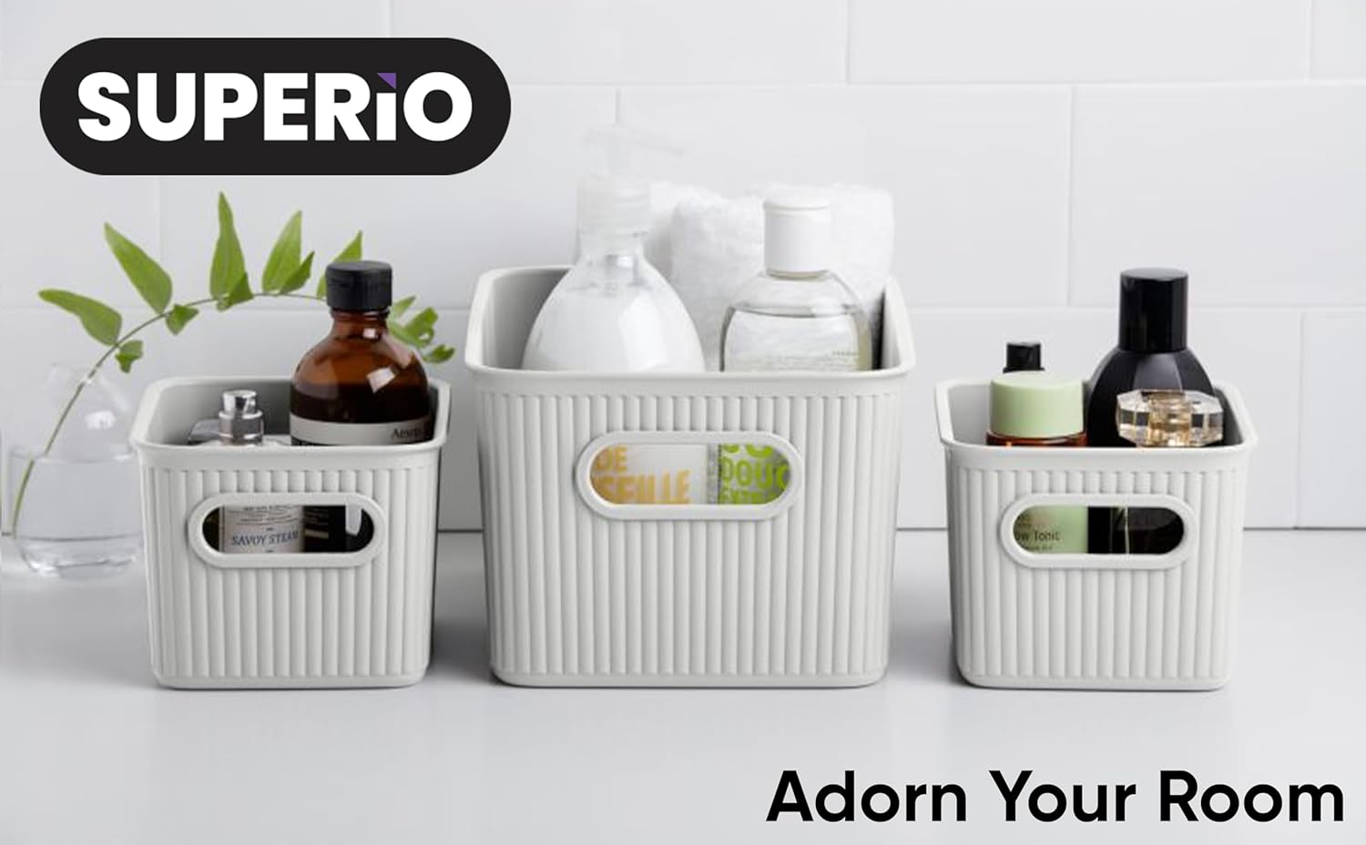 Decorative Plastic Basket Open Home Storage Bins Organizer, White (Set of 3) 1 Medium, 2 Small - Container Boxes for Organizing Closet Storage Bins for Shelves Drawer Shelf - Ribbed Collection