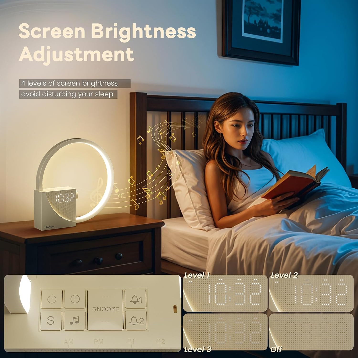 A user adjusting the screen brightness of the Blonbar AJ300 lamp while reading in bed, with an inset showing the different display brightness levels.