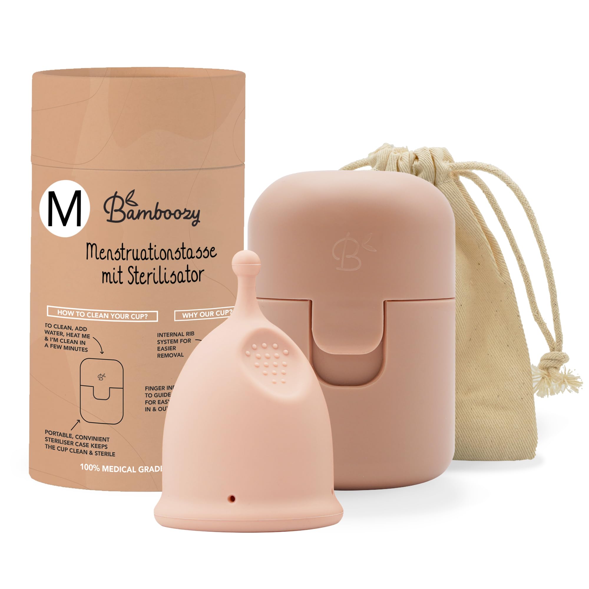 Bamboozy Luxus Menstruationstasse mit Sterilisator (M) - Wiederverwendbare Menstruationstasse aus Medizinischem Silikon - Bis zu 12 Stunden Schutz - Nachhaltig, Plastikfrei, ohne BPA