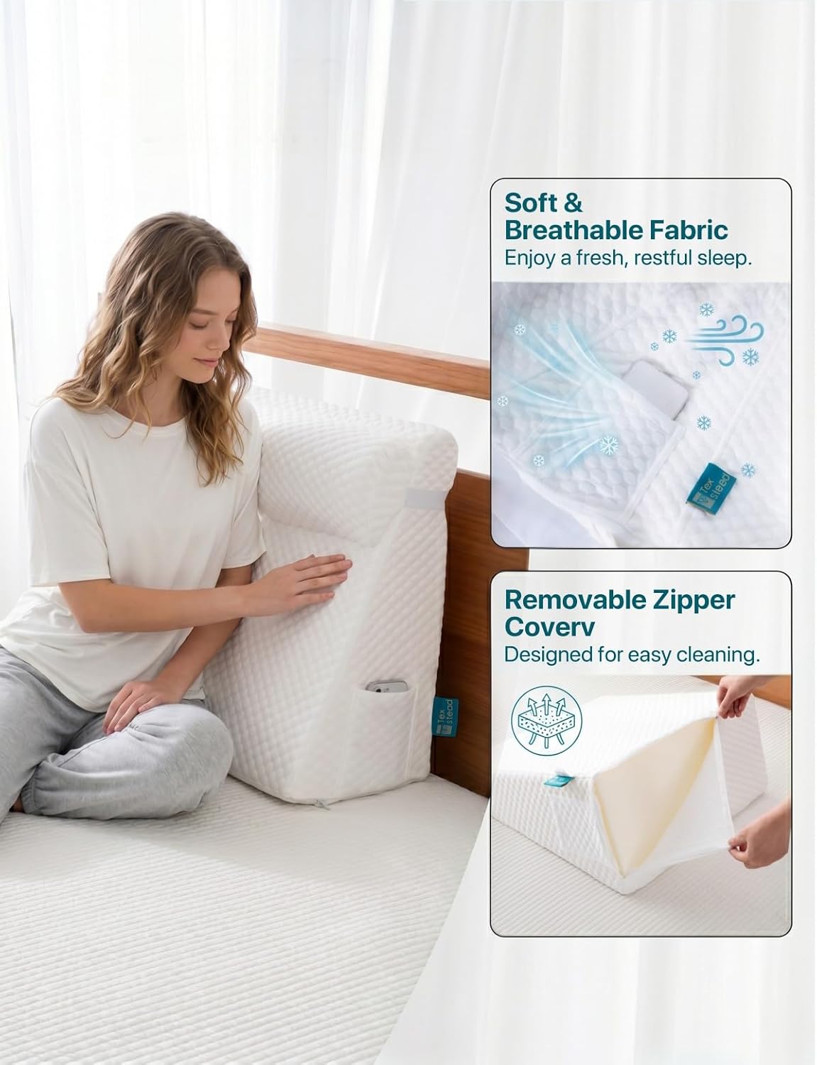 Wedge Pillow with Extra Bolster, Bed Wedge Pillow for Sleep Apnea, Acid Reflux Relief, Back Pain, After Surgery, 30 Degree Triangle Pillow for Sleeping Foam Wedge Cushion for Headboard