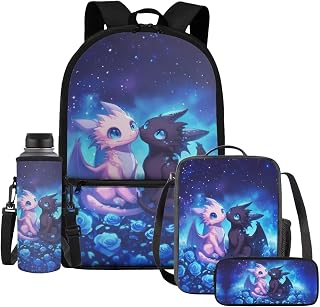 WELLFLYHOM Dragon Elementary School Backpack with Lunch Box for Girls, Blue 17 Inch Rose 4PCS Bookbag Set for Kids, Child Back to School Supplies, Reduce Shoulder Pressure for Daily Use