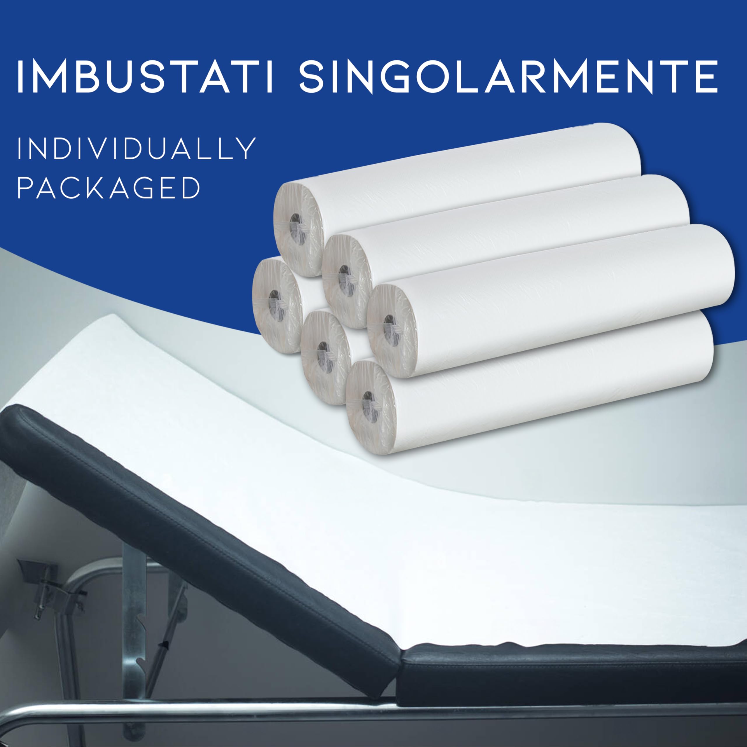 Lage Lot 6 Rouleaux Papier Drap Examen Protection pour Lit Médical, Esthétique, Massage, 100% Cellulose Double Épaisseur, Hygiénique, Hypoallergénique, Prédécoupé Jetable 60 cm x 50 mètres (6 pièces)