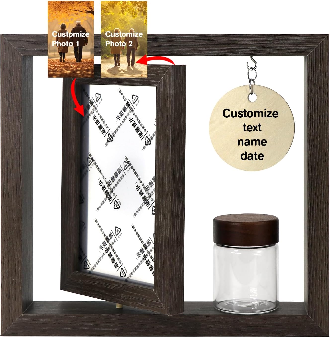 Custom Memorial Photo Frame for Loved Ones - Two 4x6 Inch Pictures with Included Glass Keepsake Jar for Hair, Ashes, or Mementos - Elegant Tribute Gift for Loss, Funeral, or Remembrance (wood1)