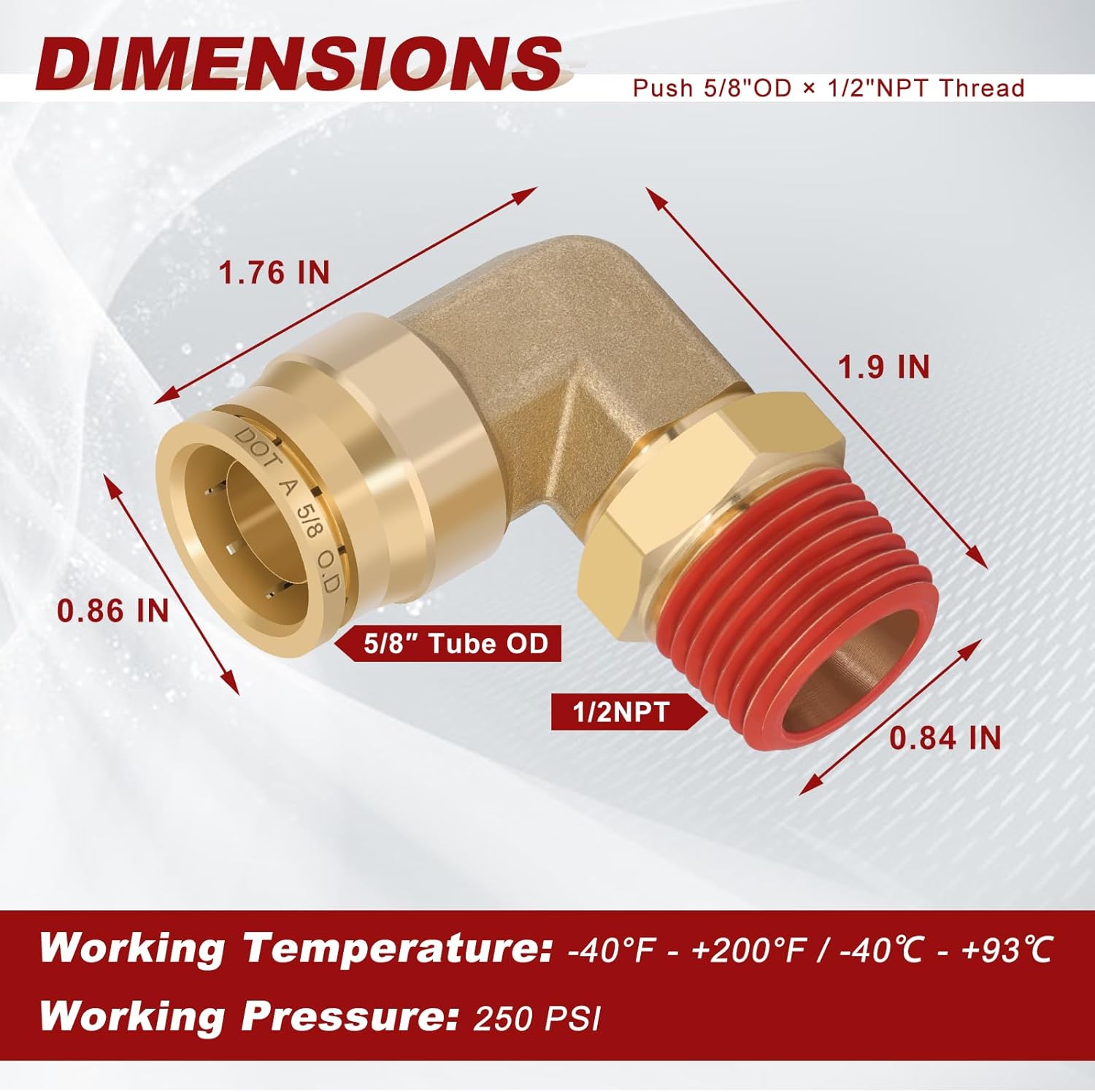 5/8" Quick Push to Connect Fittings Brass 90 Degree Union Swivel Elbow Joint DOT Approved 5/8" Tube OD x 1/2" NPT Thread Air Brake Line Adapter Air Suspension Kit for Car Truck Trailers 5pcs
