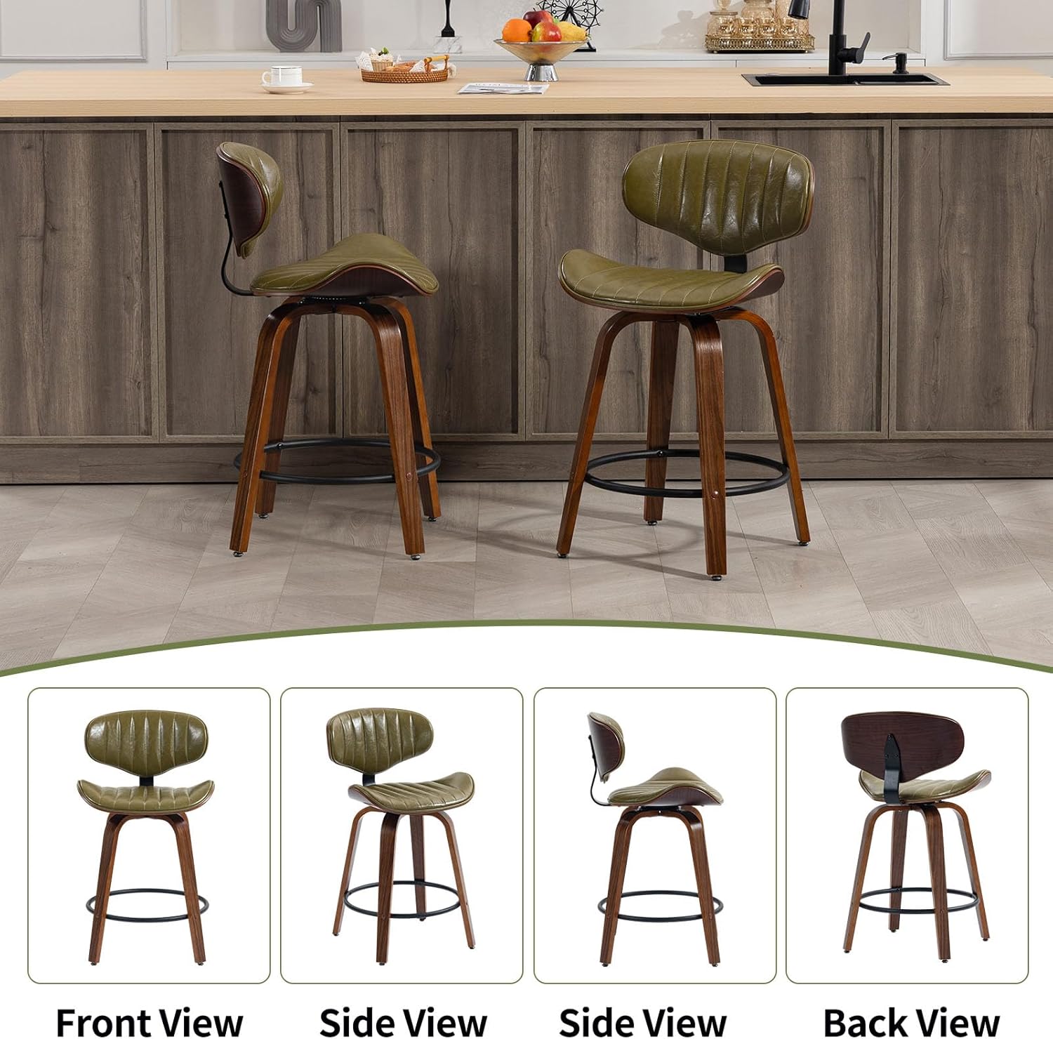 Modern Bar Stools Set of 2, 24 inch PU Leather Wooden Bentwood Barstools Counter Height Swivel Breakfast Bar Chairs with Backrest Footrest for Kitchen Island, Dining Room D035-Olive Green-2