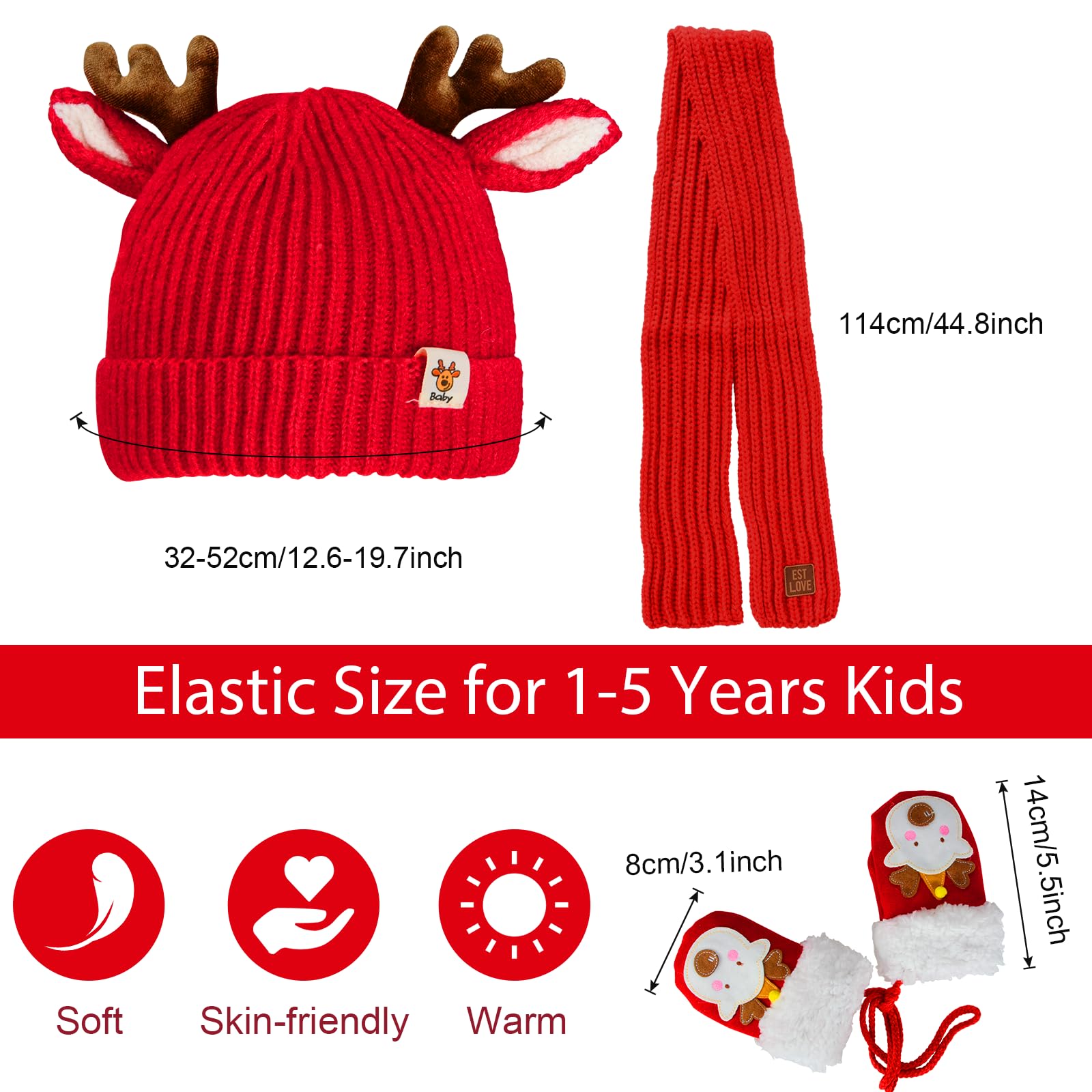 3 in 1 Conjunto de Gorro Bufanda y Guantes Niños, Invierno Lindo Guantes Cálido Bufanda Punto Beanie Gorros Accesorios de Invierno con Caja de Regalo Para Niños de 1 a 6 Años