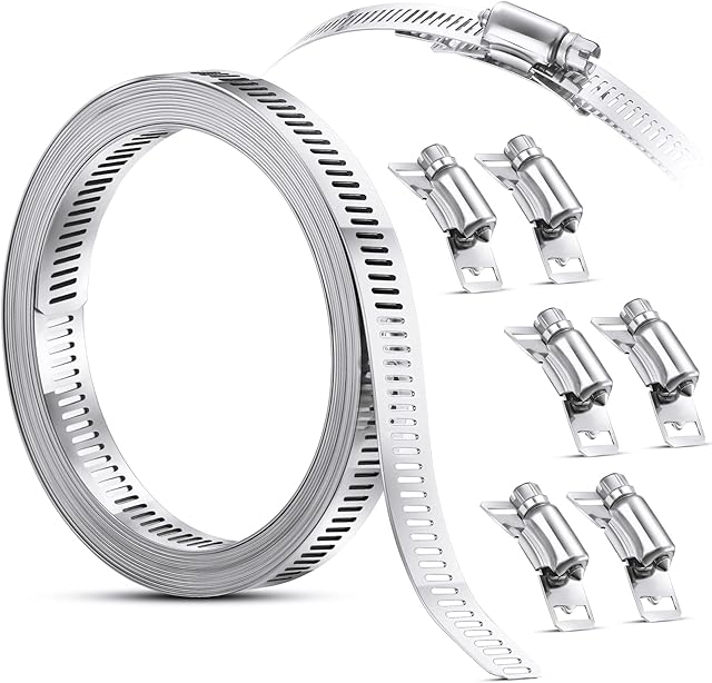 Hoses Clamps, Clamps Worm, Worm Clamps Stainless Steel, Large Hose Clamp Worm Drive Hose Clamps Adjustable Pipe Hose Clamp for Intercooler, Pipe, Plumbing, Tube and Fuel Line(7 Pieces,8 Feet)