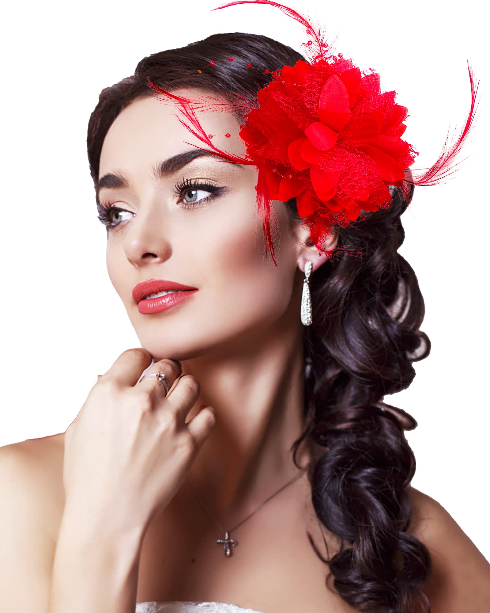 Amazon.com: Red Flower Fascinator Feather Flower Red Hair 
