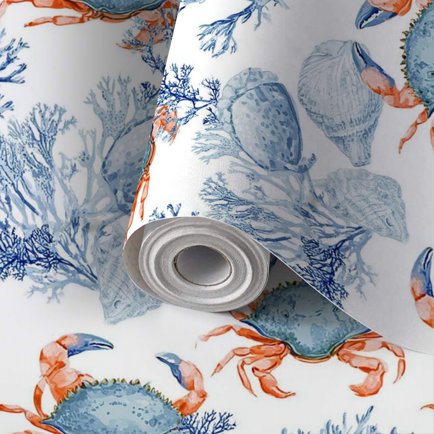Peel and Stick Wallpaper Self Adhesive sea Blue Crabs Corals Watercolor Painted Nautical Style Wall Mural Removable Renter Friendly Wallpaper Contact Paper for Cabinets Kitchen 23.6"x118"
