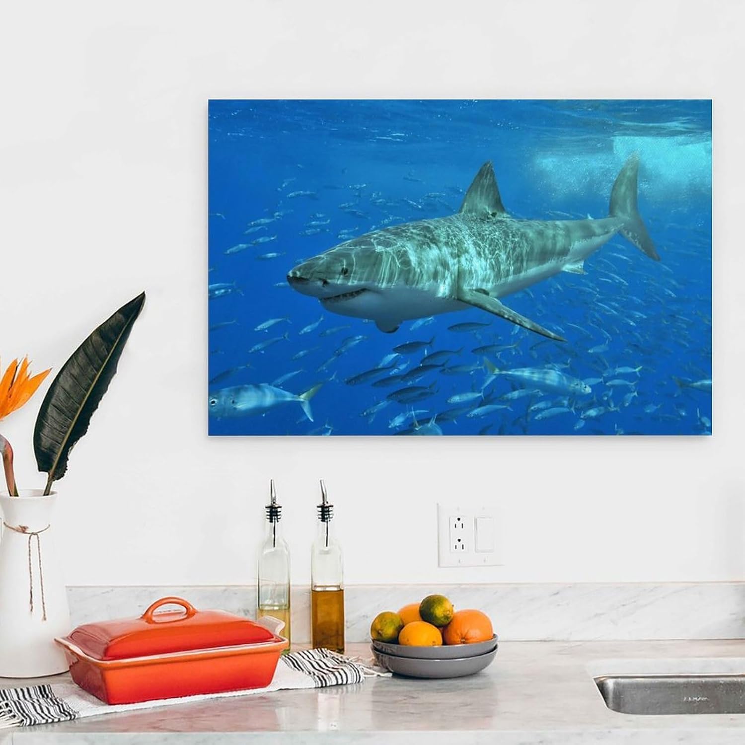 Great White Shark And School of Fish Ocean Art Poster 08x12inch Unframe-style image 4