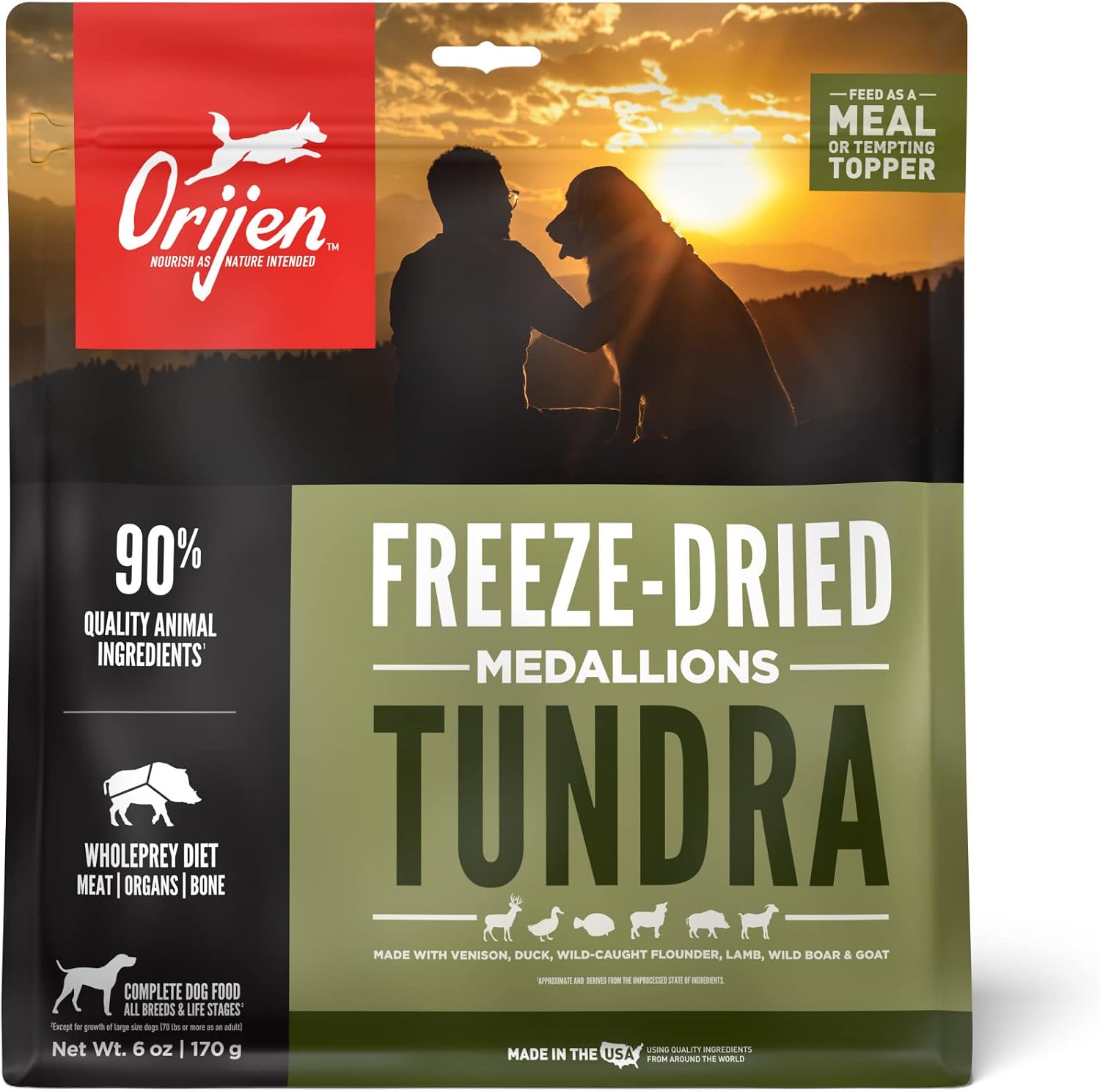 ORIJEN® Freeze Dried Dog Food & Topper, Grain Free, High Protein, Premium Raw Meat, Tundra Recipe, 6oz
