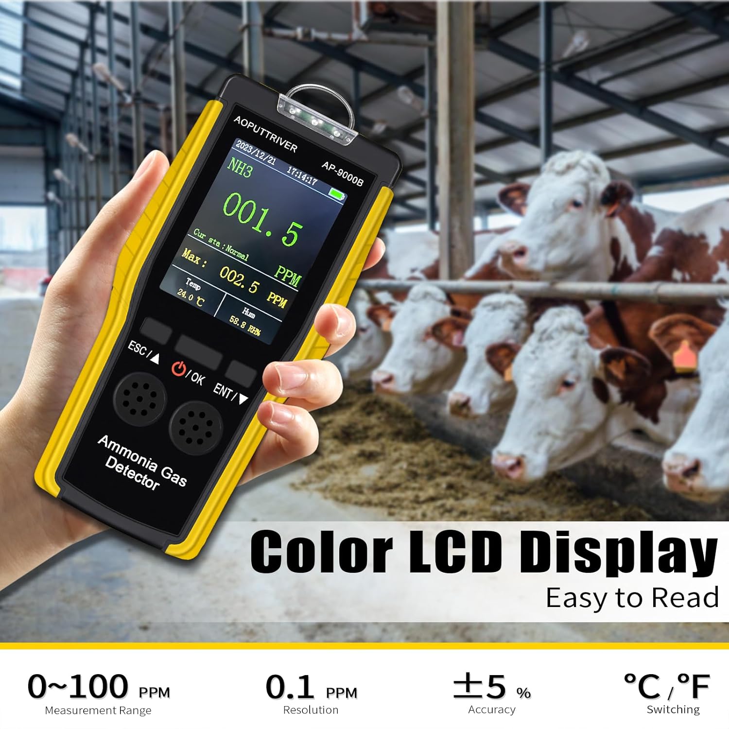 Close-up of the AOPUTTRIVER AP-9000B Ammonia Gas Detector's color LCD display, showing ammonia concentration (NH3), current status, maximum value, temperature, and humidity readings. The device is held in a hand.