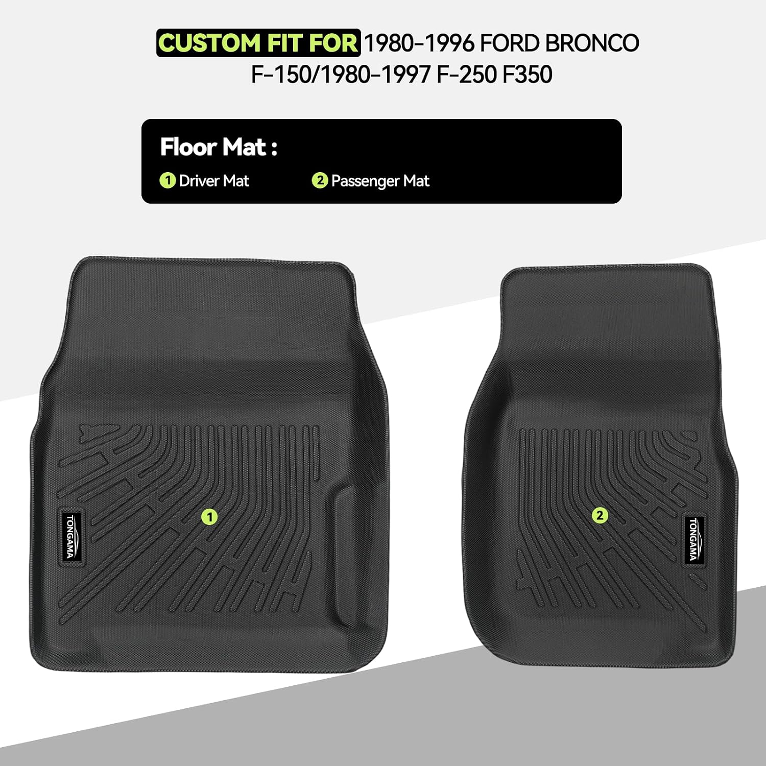 Tongama-Floor Mats for 1980-1996 Ford Bronco/F-150, 1980-1997 F-250/F350, All Weather TPE Floor Liners Protectors Interior Waterproof Accessories