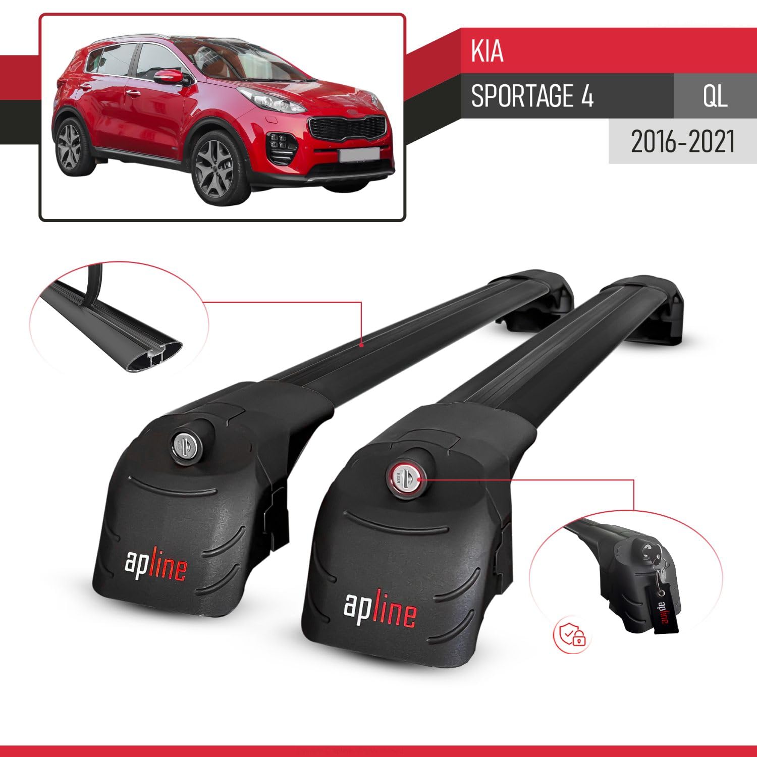Compatible avec Kia Sportage 4 (QL) 2016-2021 ACE-2 Barres de Toit Railing Porte-Bagages de Voiture Noir Aluminium 2 Barres