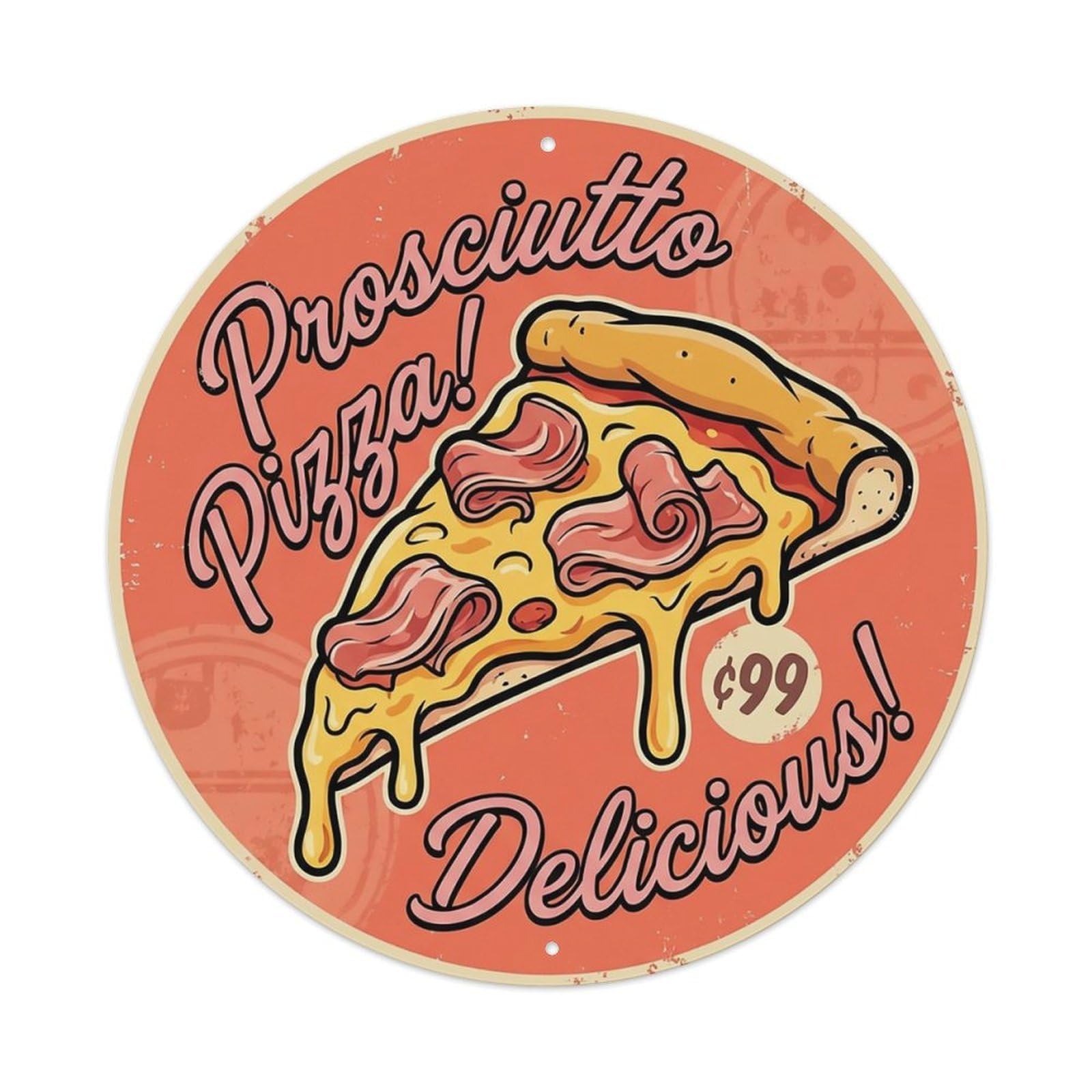 Huiyhb 8X8inch(20X20cm) Vintage Pizza Slice Italian Traditional Cuisine Prosciutto Metal Tin Sign