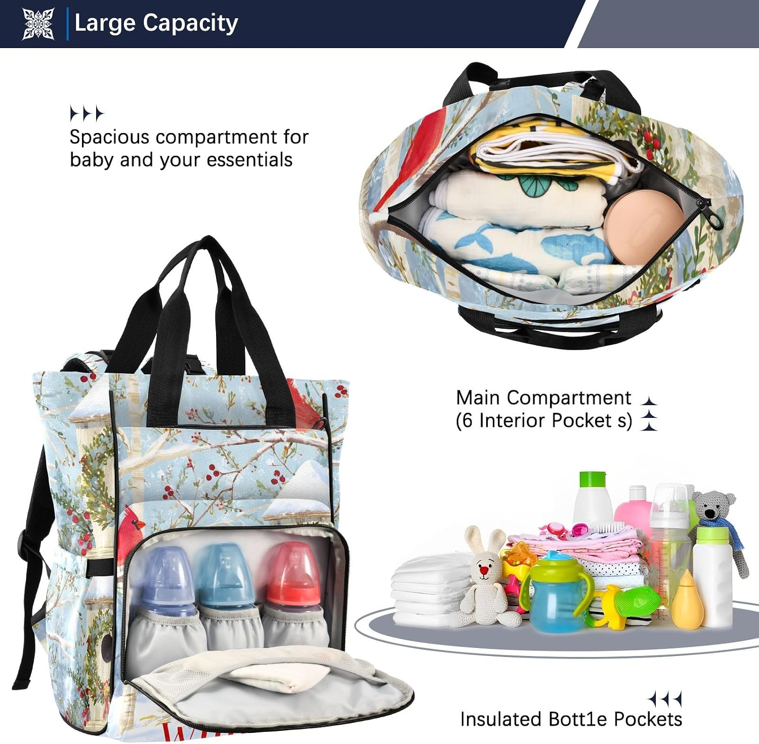 SUABO Baby Diaper Bag Backpack Beautiful Winter Scene Cardinal Large Bag Waterproof Travel Diaper Bags for Moms and Dads