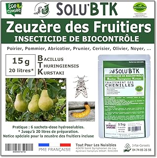 SoluBTK - Zeuzère des fruitiers: Poirier, Pommier, Abricotier, Cerisier, Prunier, Olivier ... 15 g Bacillus thuringiensis BTK - Insecticide Utilisable en Agriculture Biologique - Traitement chenilles