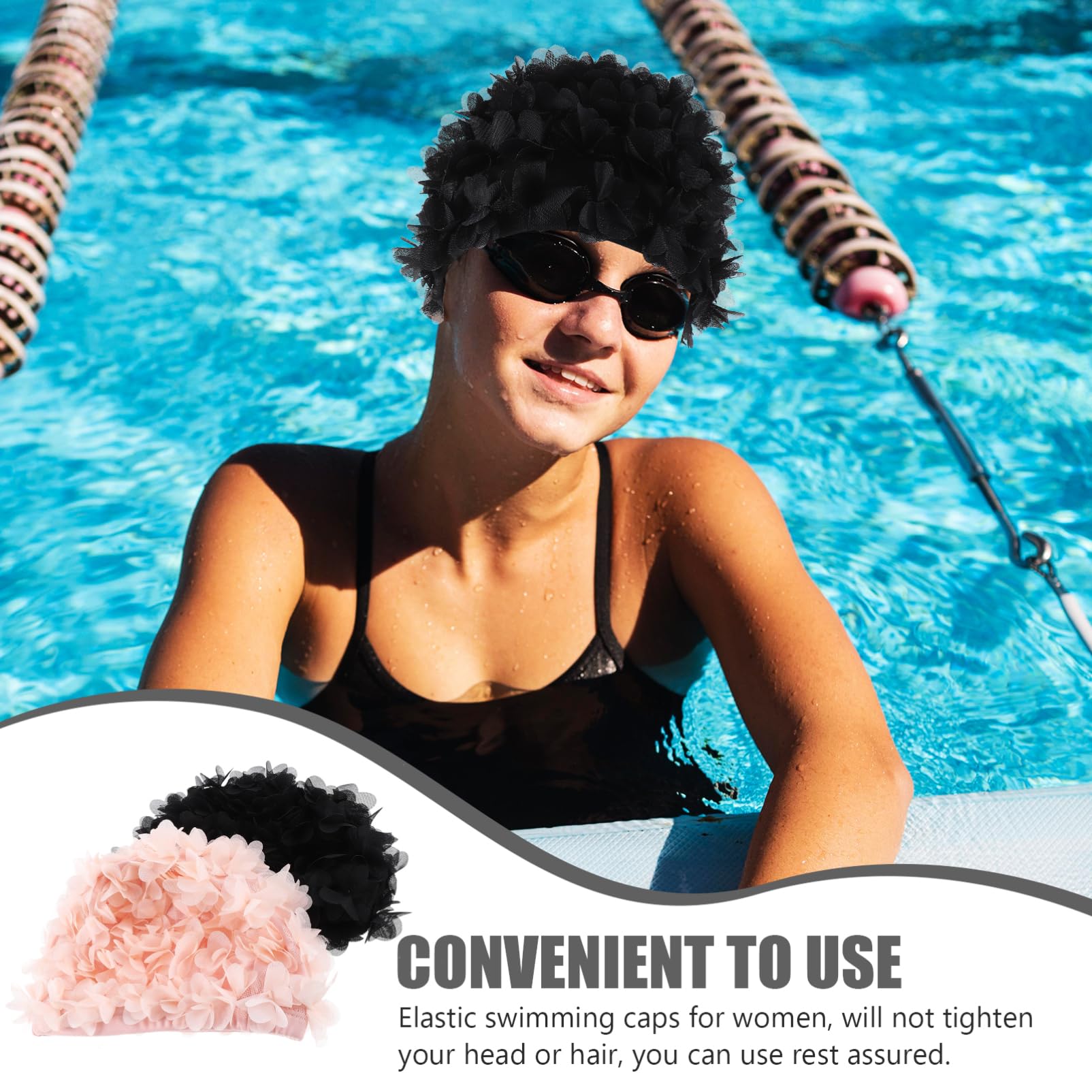 Cuffie da Nuoto Elastiche a Petalo, 2 Pezzi Rosa Nero per Donne | Nylon Leggero, Facile da Indossare e Togliere, Protegge i Chioma, Comfort in Piscina per Adulti