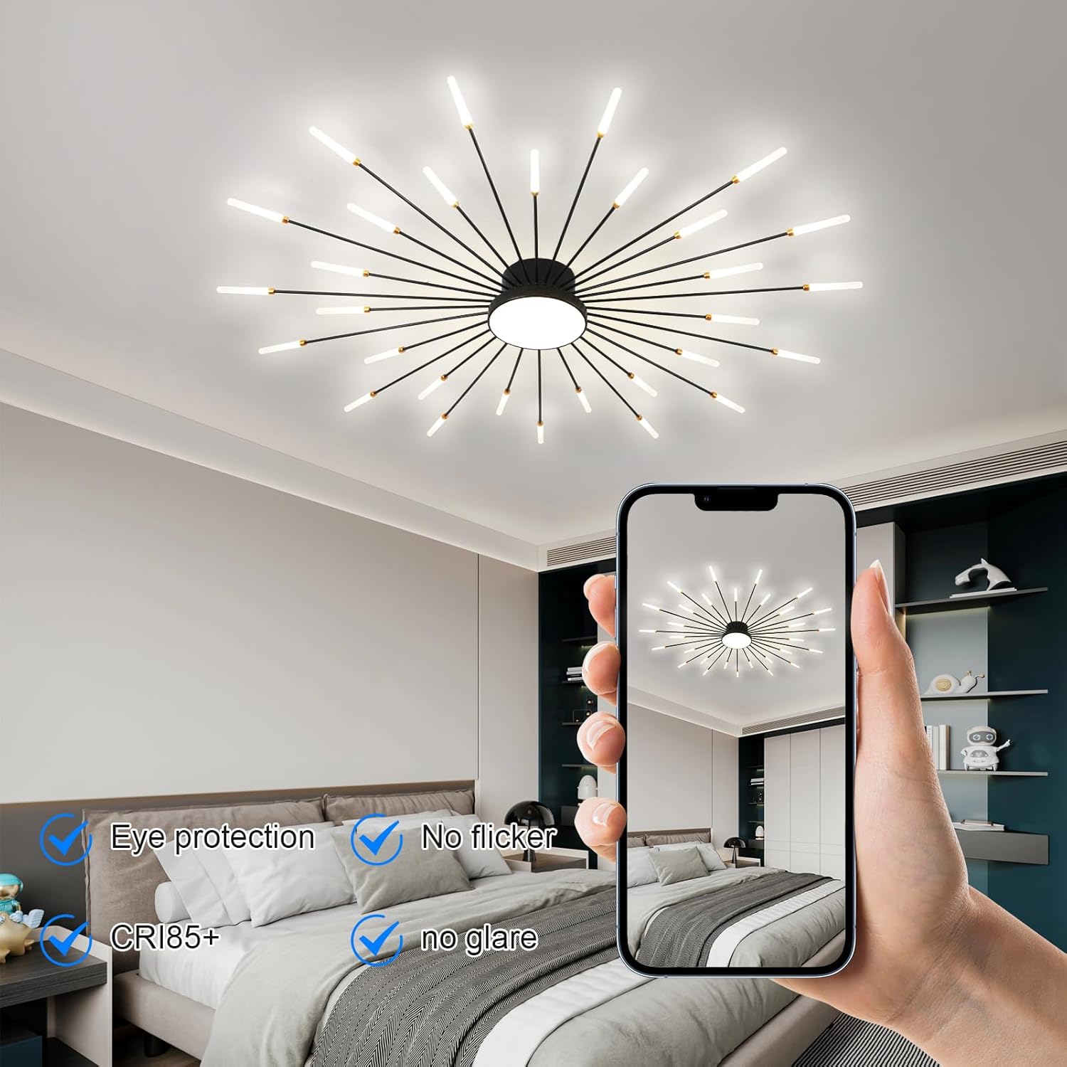 JAYMP 50.4" Ceiling Light Modern Flower Shape Ceiling Lamp for Living Room Dining Room Flush Mount Metal Acrylic Sputnik Firework Petal LED Lighting Fixture (Matte Black, 30+1 Lights)
