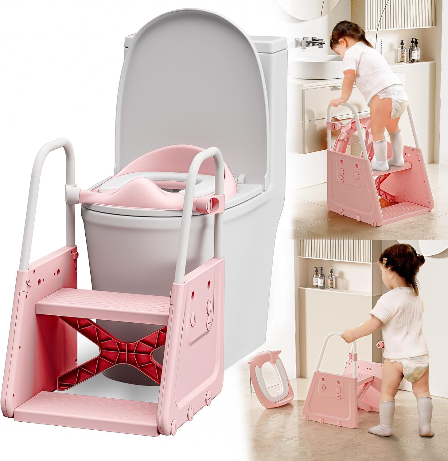 3 in 1 Potty Training Toilet Seat & Toddler Step Stool with Potty Train Chair Adapter and Extra Wide Non-Slip Ladder Potty Seats with Raised Guardrail and Splash Protection Design for Kids 1-3 Years