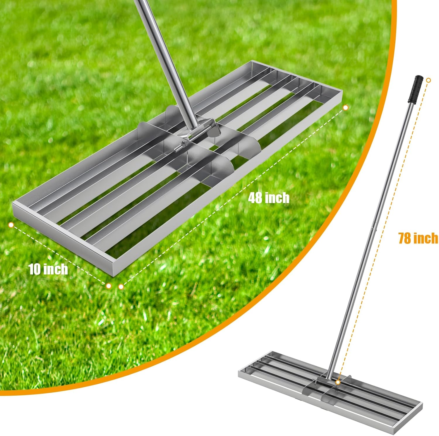 BBQ-PLUS 48" Lawn Leveling Rake, Lawn Leveler Tool with 52"-78" Adjustable Telescopic Handle, Effort-Saving Level Rake for Dirt, Soil, Grass, Golf Course, Farm & Garden, Heavy-Duty Stainless Steel