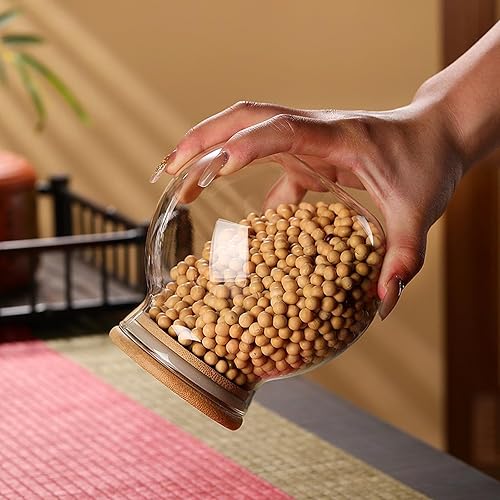 Miniatura 5 de DNIENKGE Tarro esférico sellado de vidrio  Tapa de madera de bambú  Tarro de caramelo de caramelo de caramelo de cocina  Se utiliza para preservar y