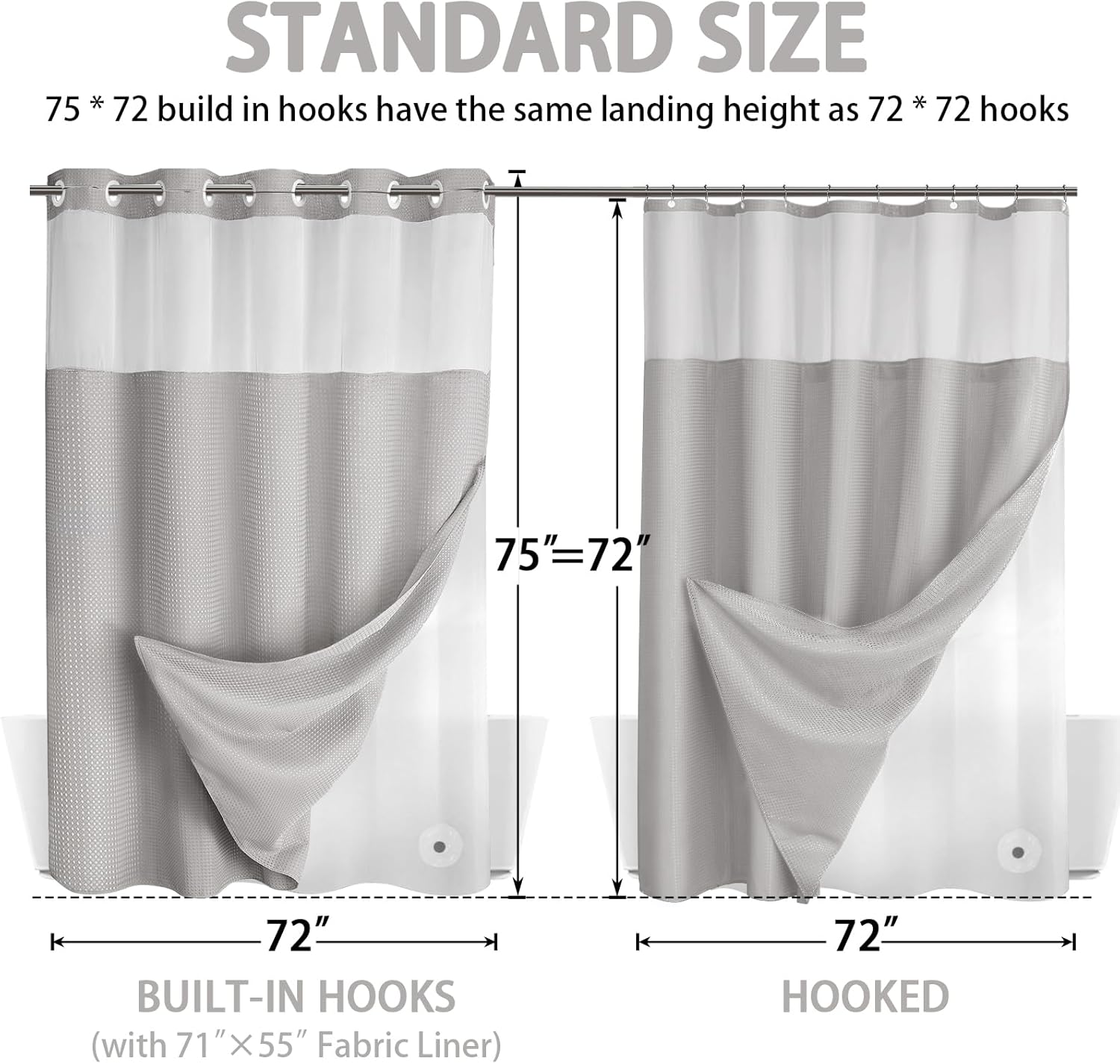 Light Grey No Hook Shower Curtain and Liner Set 75" L x 72" W,Hotel Waffle Fabric Outer Curtain & Waterproof PEVA Liner