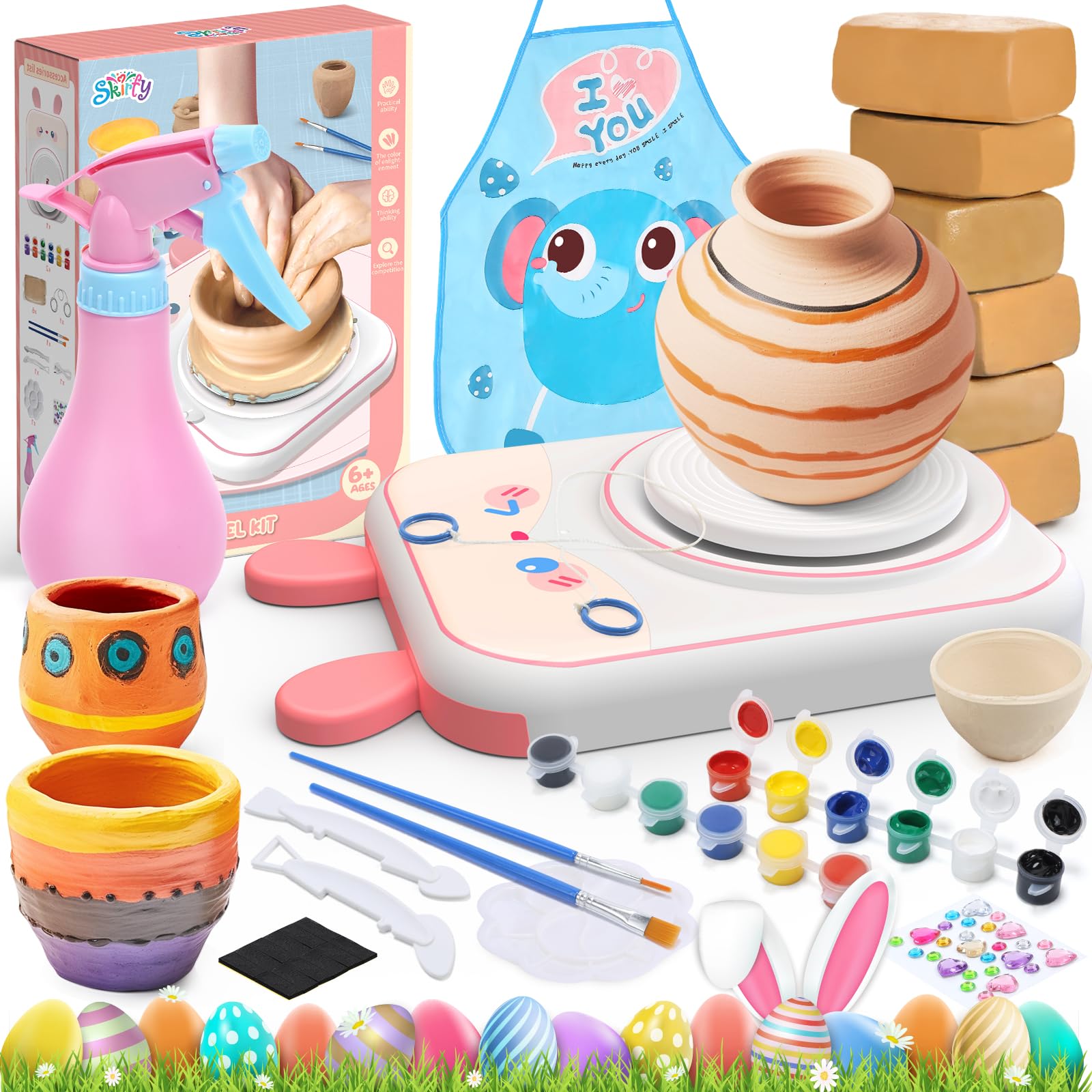 Pottery Wheel for Kids-Art&Crafts Kits for Kids Ages 9-12 Clay Sculpting Tools & Painting Kit,Easter Birthday Gift Girls Toys 8-10,DIY Kits Clay Maker for Beginners with 6 Packs Modeling Clays