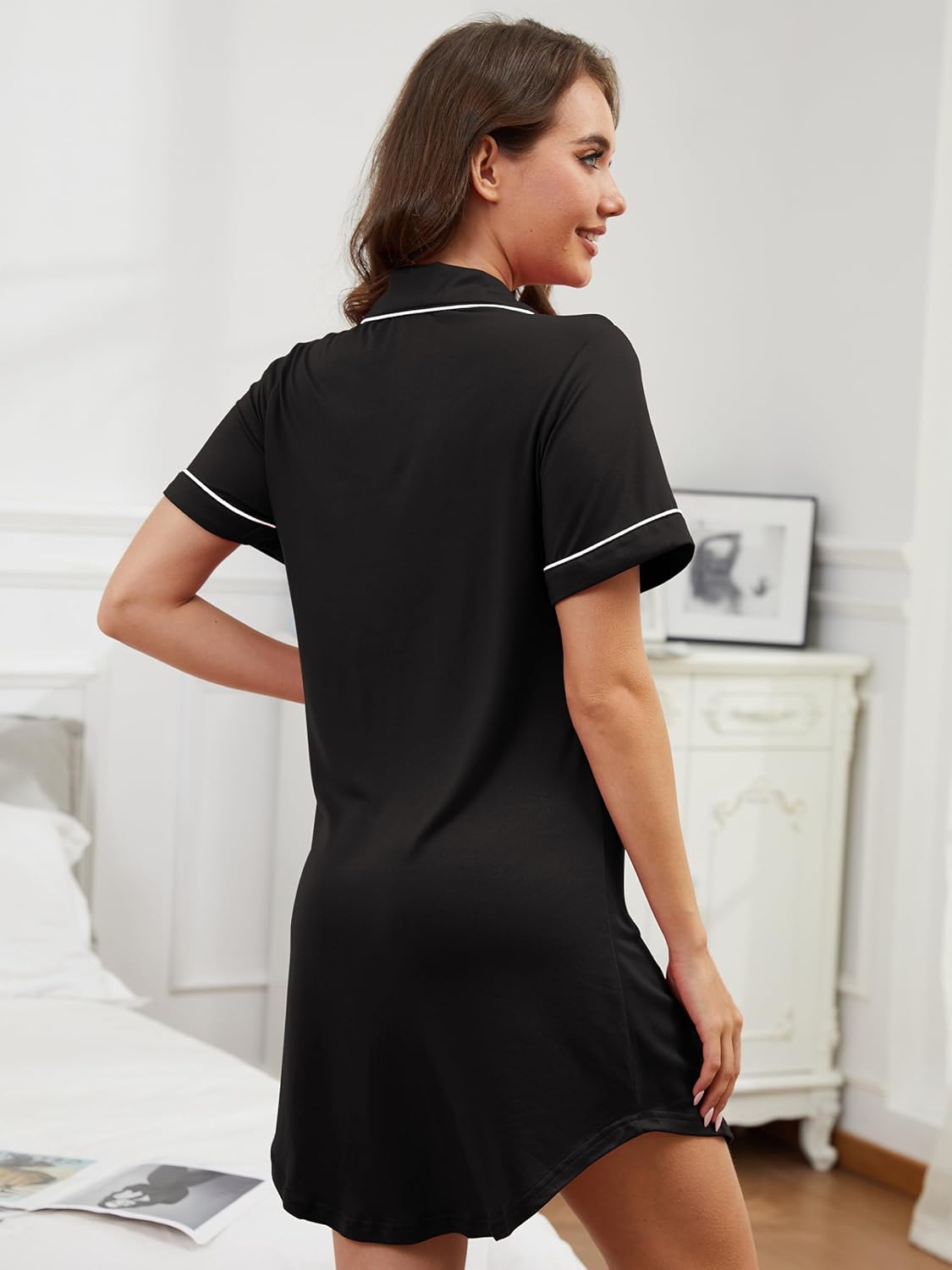 Mawor Women's Nightgown Button Down Short Sleeve Sleepshirt Nightshirt V Neck Sleepwear Nightdress Pajama Dress XS-XXXL - Image 4