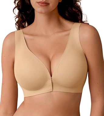 Front Closure Bras for Women Wireless Deep V Plus Size Seamless Padded Comfortable Soft Mastectomy Bra No Underwire