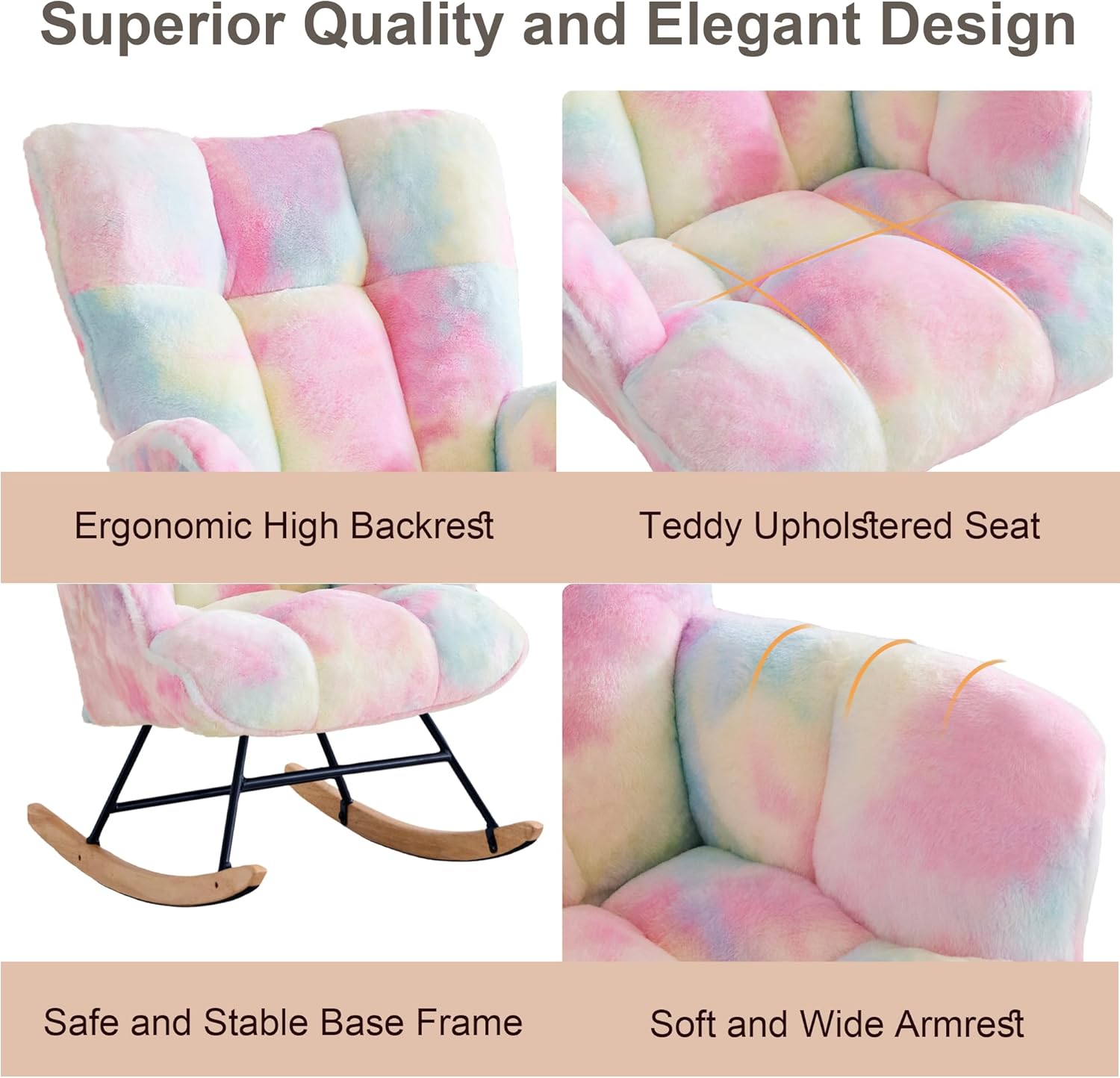 Rocking Chair Nursery Teddy Upholstered Glider Rocker Rocking Accent Chair Padded Seat with High Backrest Armchair Comfy Side Chair for Living Room Bedroom Offices (Colorful)