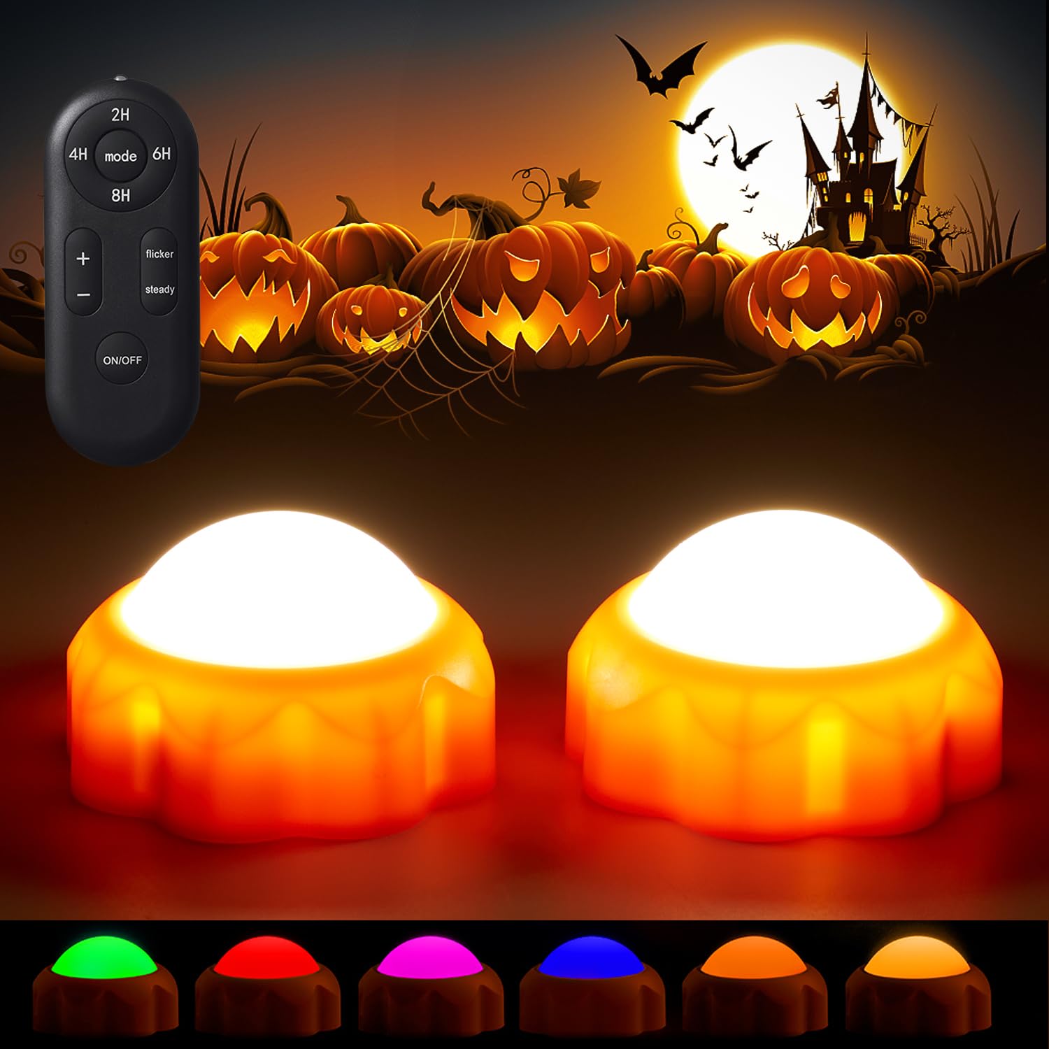RwzkayHalloween Pumpkin Lights 2 Pack,LED Pumpkin Lights Battery Operated,Halloween Decorations with Remote and Timer,6 Color Jack-O-Lantern Light with Bright Flickering Flameless for Halloween Decor