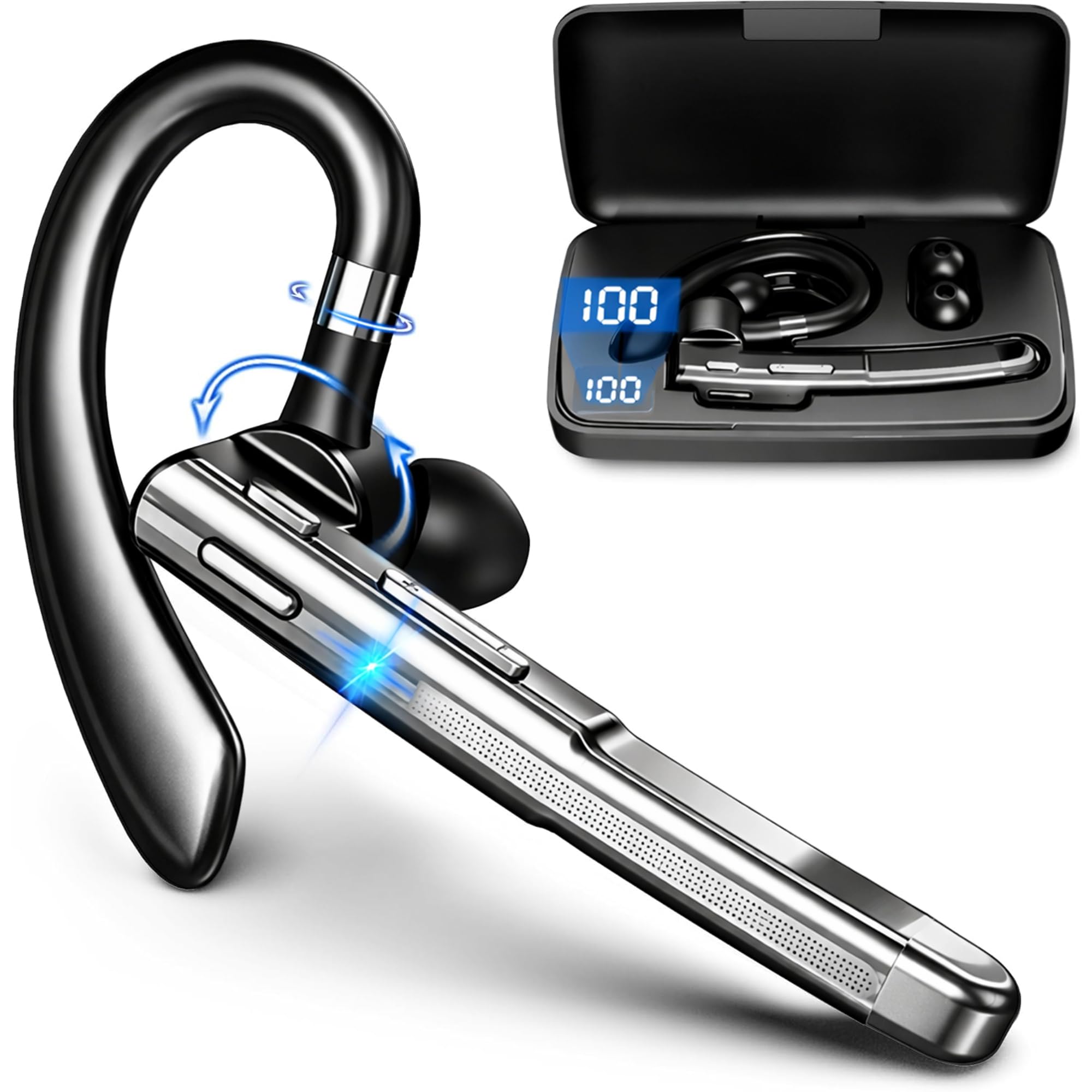 Bluetooth Headset Noise Canceling,Wireless Earpiece with Mic for Work | Bluetooth 6.1,100H Playtime,500mAh Charging Case,Hand-Free Calling with Mute Button for Business,Trucker,Office,Driving
