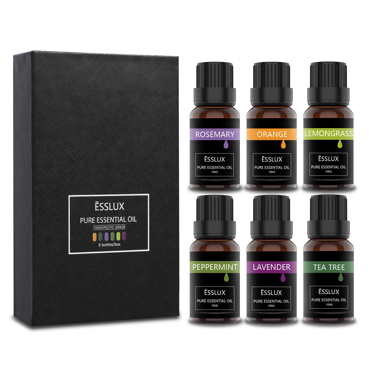 Essential Oils Set, ESSLUX TOP 6 Aromatherapy Essential Oils for Diffuser, Candle Making & Massage, Lavender, Tea Tree, Orange, Rosemary, Lemongrass, Peppermint Essential Oil