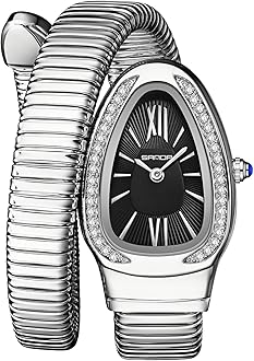 Gosasa Stylish Women's Snake Shape Bangle Watch Unique Design Snake Coil Elegant Dress Diamond Bracelet Ladies Quartz Wristwatch with Roman Numerals Dial