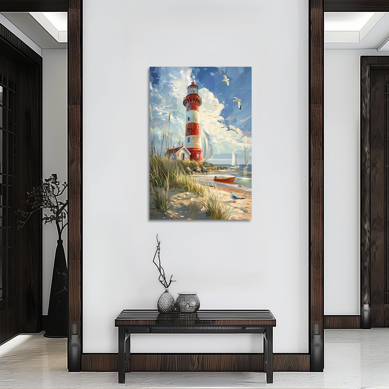ZQQART Leinwandbild Leuchtturm Ozean rote Streifen Küstenbild Gemälde Strand Boot Möwen Kunstwerk Heimwanddekoration 60x90cm