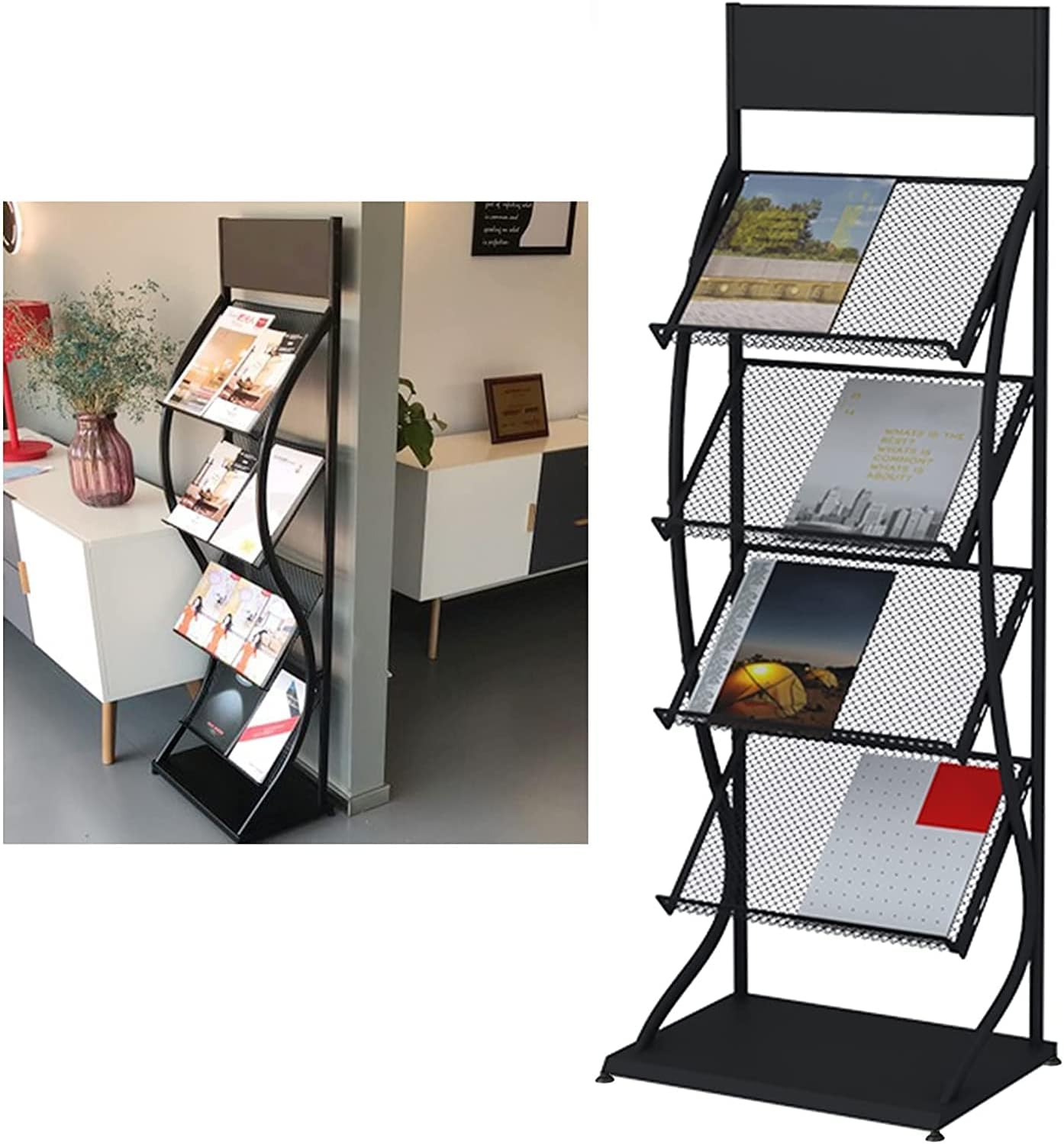 Floor-Standing Magazine Rack with 4 Pocket Black Literature Display Rack Pamphlet Storage Rack for Foyer/Corner/Public Space Easy Assembly