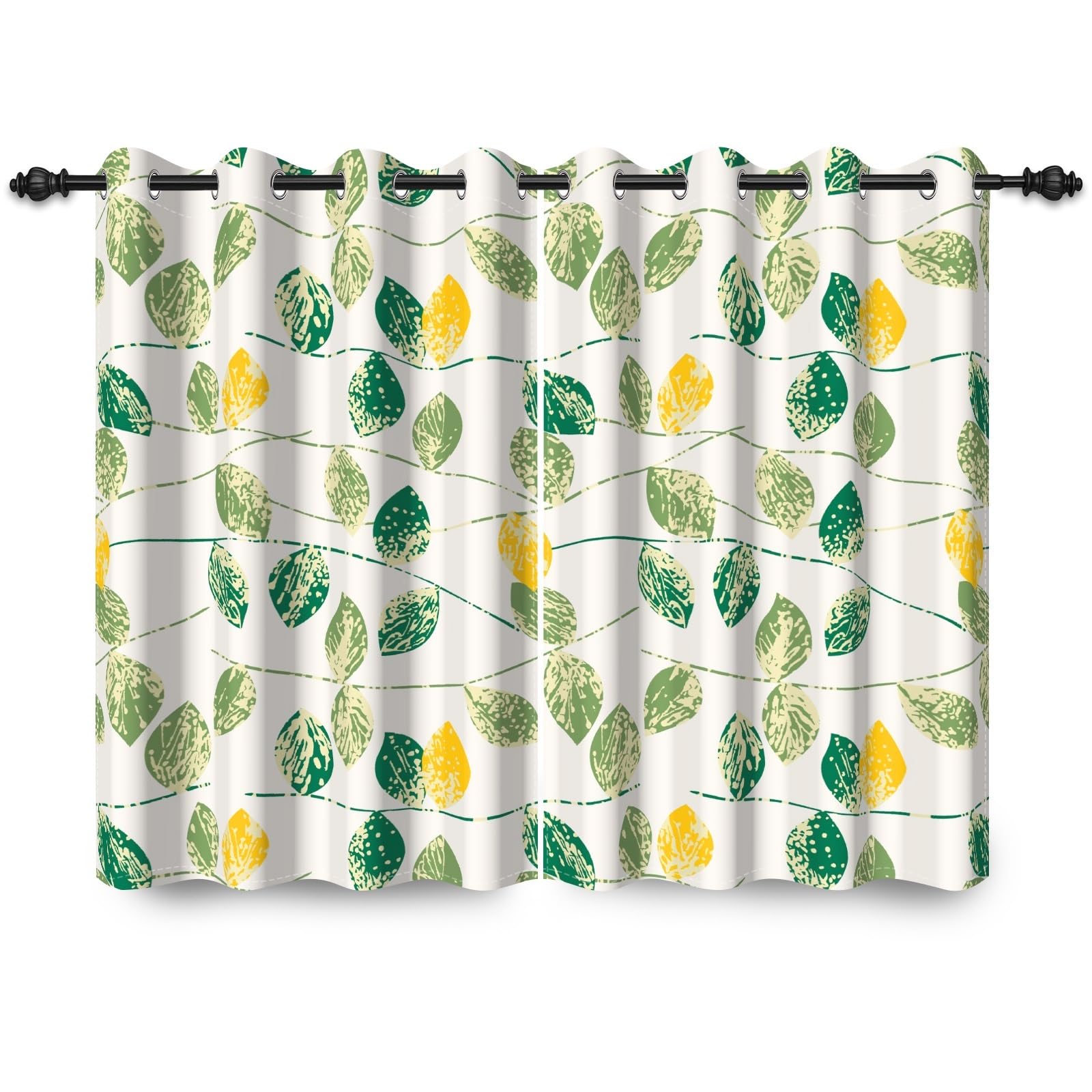 ggaimwf 132x214cm Leaf Blackout Curtain Green Yellow Leaves Seamless Retro Painting Eyelet Drapes Thermal Insulated Grommet Window Treatments for Living Room Bedroom Dining Room,Single Panel