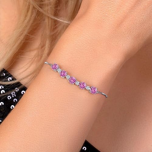 Miniatura 3 de Pulsera de tenis de plata de ley 925 con piedra natal y diamantes blancos cultivados en laboratorio para mujer, redonda de 0.197 in y 0.098 in,