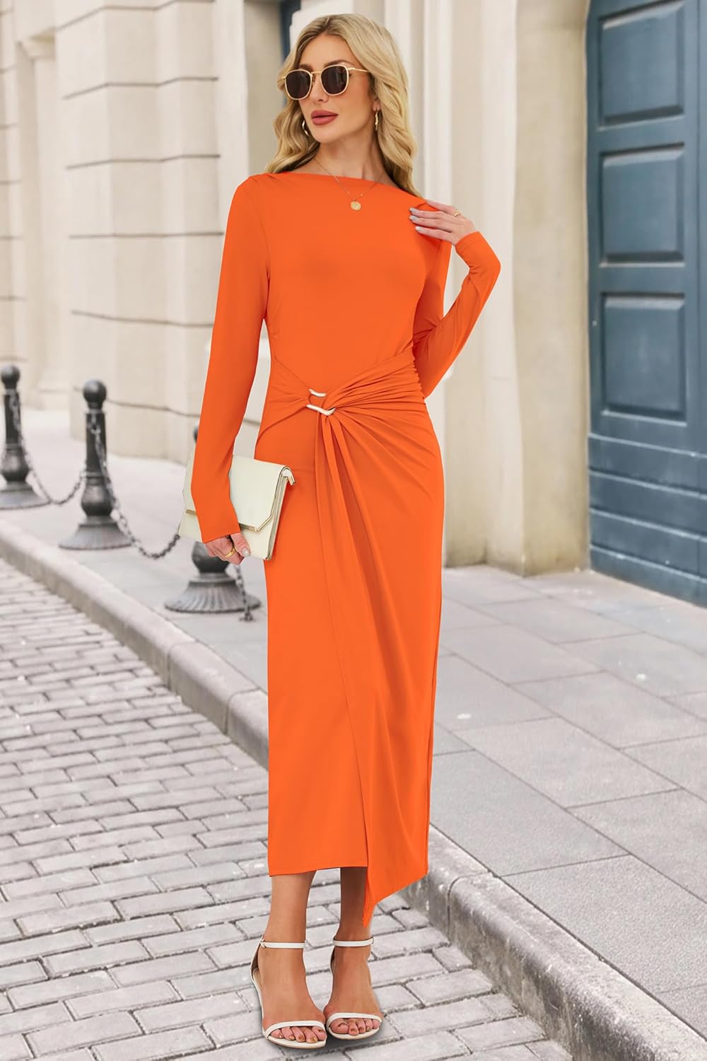 Women's Long Sleeve Wedding Guest Dress 2026 Spring Elegant Bodycon Boat Neck Formal Cocktail Party Midi Dresses - Image 2