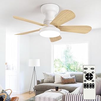 Depuley Small Ceiling Fan with Lights 28-Inch Flush Mount Fan with Light and Remote - Low Profile Ceiling Fans Reversible Quiet DC Motor for Bedroom Living Room Indoor Outdoor, Wood Color [Energy Class F]
