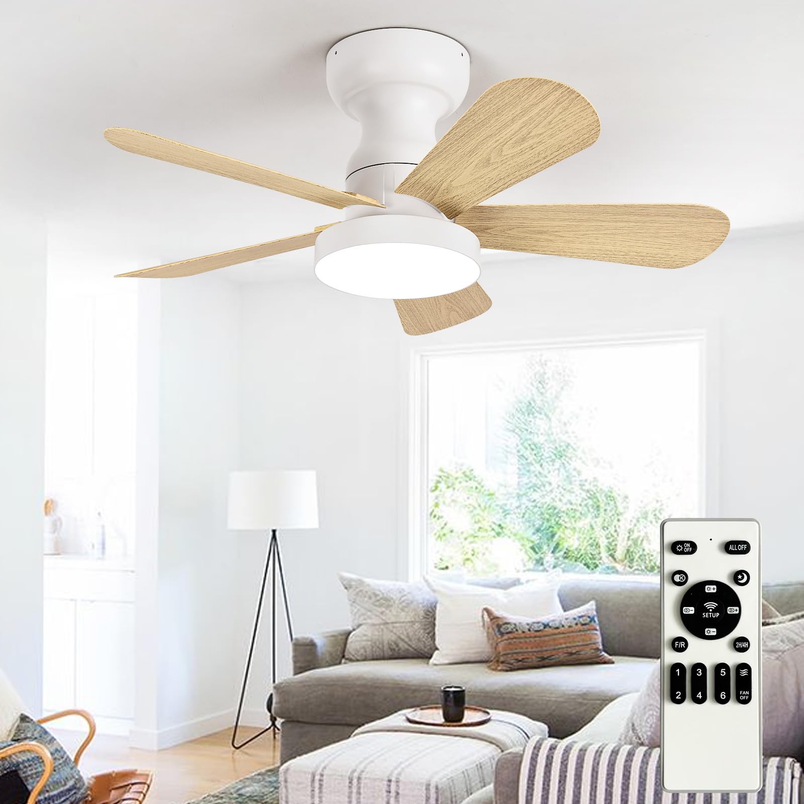 Depuley Small Ceiling Fan with Lights: 28-Inch Flush Mount Fan with Light and Remote - Low Profile Ceiling Fans Reversible Quiet DC Motor for Bedroom Living Room Indoor Outdoor, Wood Color