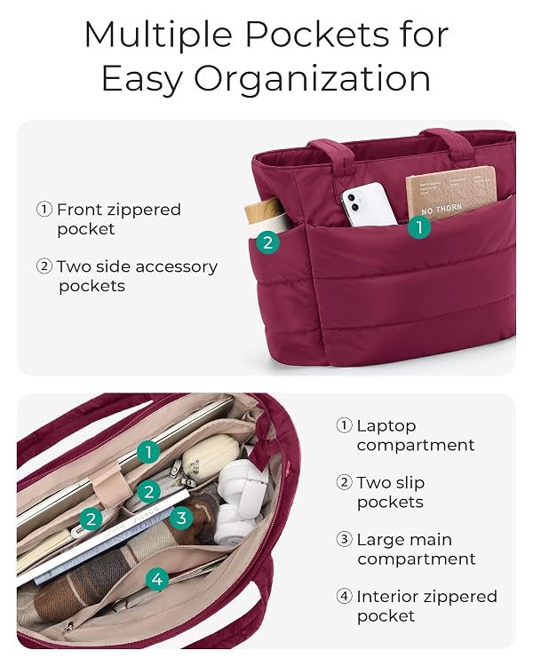 BAGSMART Tote Bag for Women, Lightweight Puffy Tote Bag with Compartments Shoulder Bag Handbag for Travel, Work, Gym (h-Standard Size-Vintage Berry, Standard Size) by BAGSMART - Used condition - Image 5