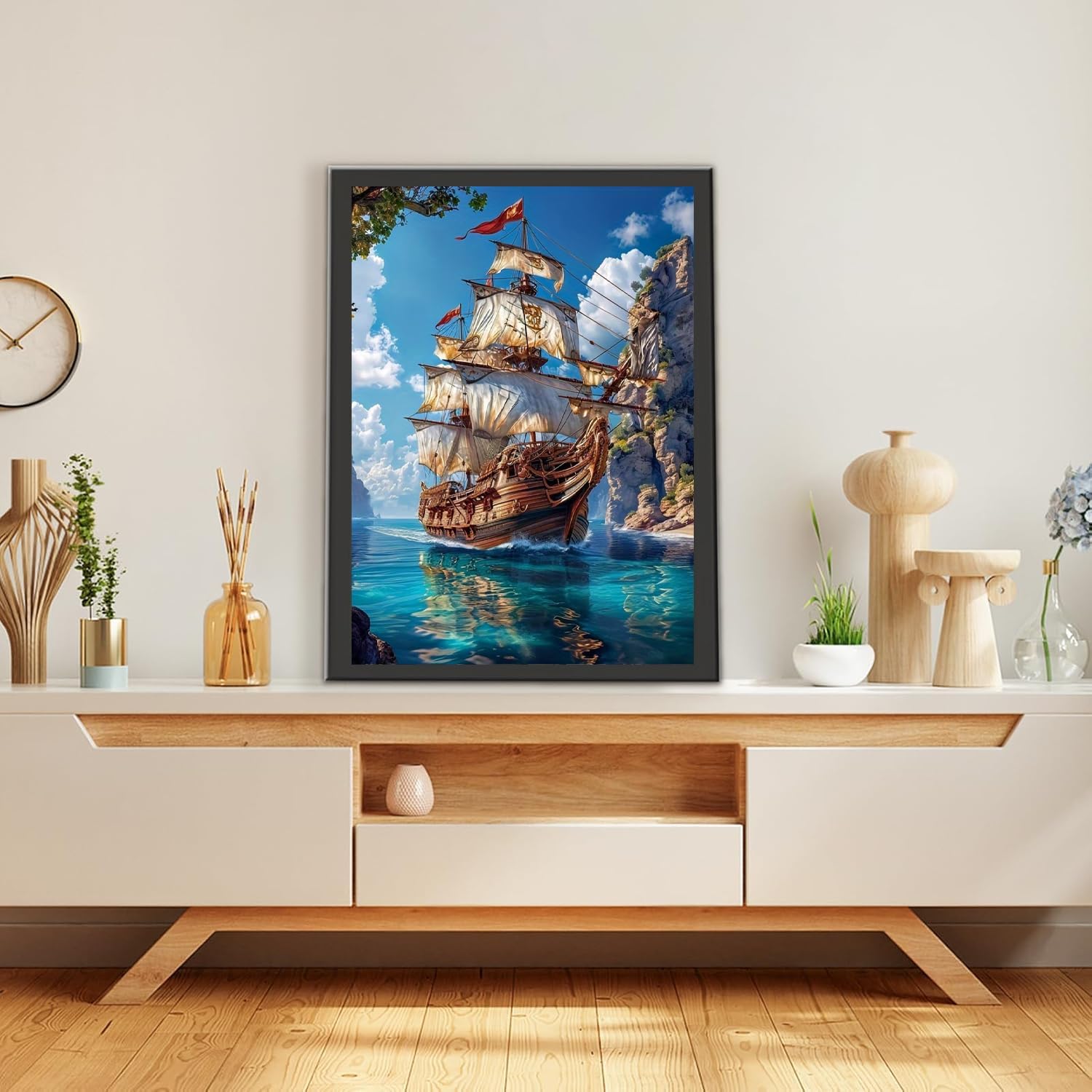 MOMDEDP 5D Diamond Painting Art Kit for Adults, Sailing Ship at Sea, Fantastic Landscapes DIY Full Drill Dots Gem Art Paint for Home Wall Decor 12 x 16 Inch