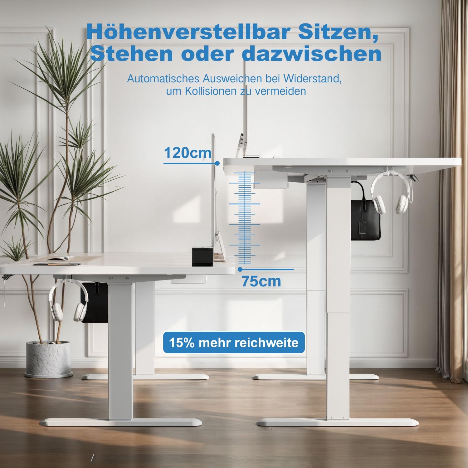 Diagram showing the height adjustment range of the Devoko desk from 75cm to 120cm, with a person standing at the desk.