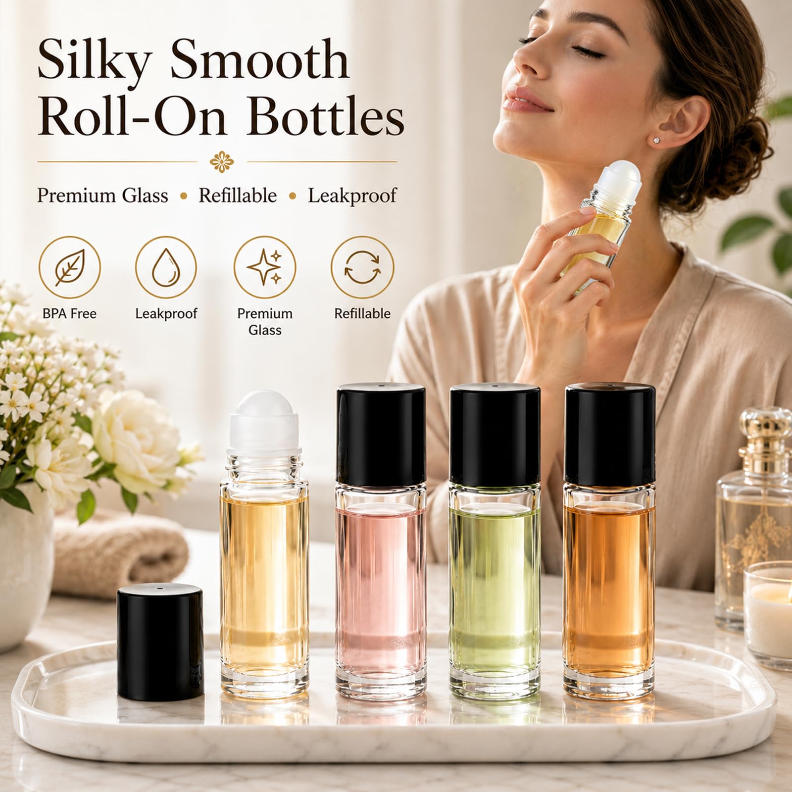 4 x 50ml Botellas de Rodillo de Vidrio, Botellas Vacías con 2 x 5ml Pipetas, Embudo de Plástico & Pegatina, Anti-Fuga para Aceites Esenciales, Perfume, Aromaterapia