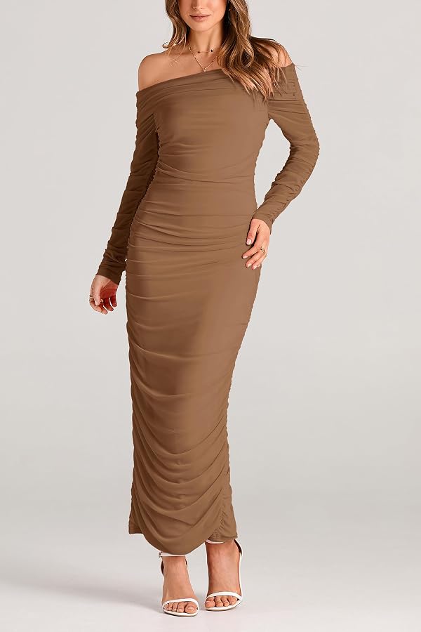 PRETTYGARDEN Women's Fall Off Shoulder Maxi Bodycon Dress Long Sleeve Ruched Fitted Club Dresses with Slit (Light Brown,X-Large) by PRETTYGARDEN - Used condition - Image 3